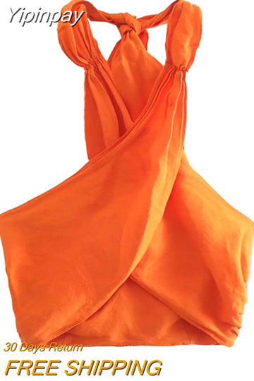 Yipinpay 2023 White Crop Top Women Backless Halter Top Female Off Shoulder Summer Sexy Woman Tops Y2k Streetwear Orange Tank Tops